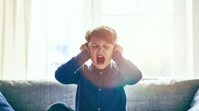 Young boy covering ears and shouting, expressing rage, frustration, temper tantrum, stress, and noise sensitivity