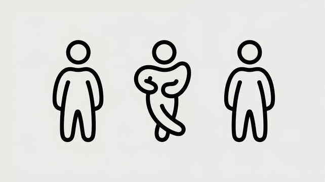 Set of three simple stick figure icons representing different standing poses, minimalist human silhouettes for design elements