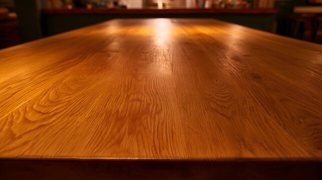 A close up view of a warm richly toned wooden dining table reflecting a soft indoor glow