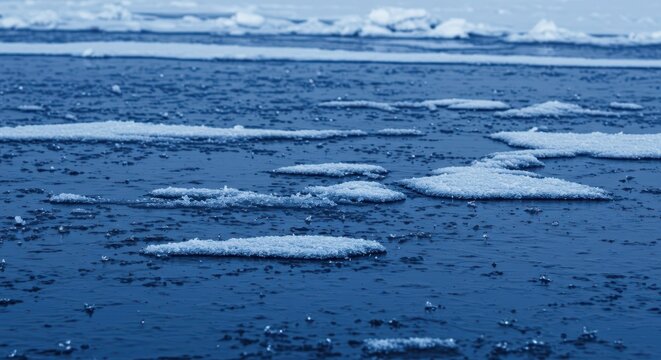 Highly detailed textured ground of frozen water and snow, dyed in intense indigo blue tones. Winter surface pattern and frigid backdrop, close up, blue, backdrop