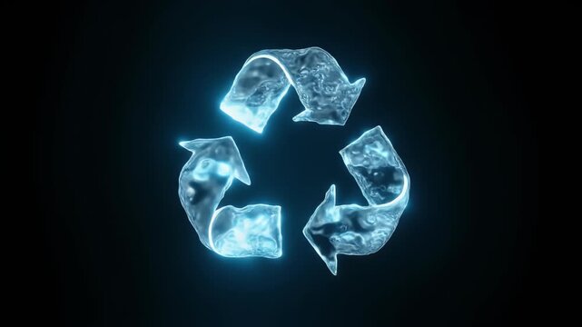 Glowing Recycling Arrows Made of Ice on Dark Background