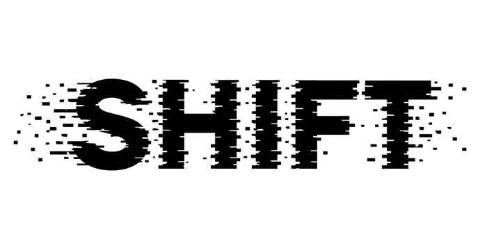 Abstract typographic representation of 'SHIFT' dissolving into digital particles symbolizing transformation transition and data degradation with a glitch effect for a contemporary feel. expressive typ