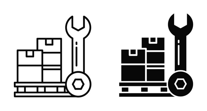 Logistics maintenance icon set featuring cardboard boxes on wooden pallet with large wrench tool for warehouse repair and industrial shipping services