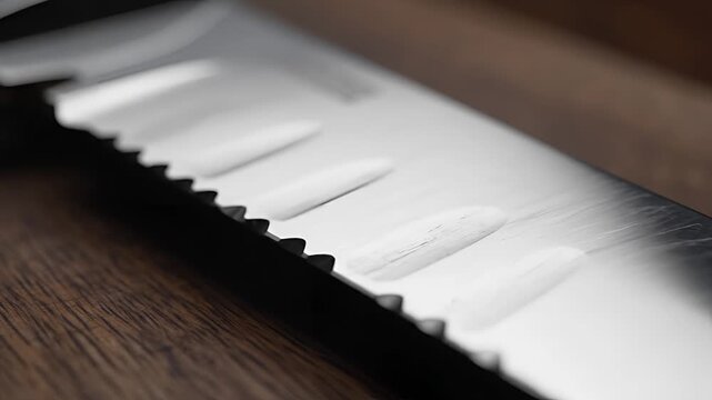 Closeup Macro Shot of Serrated Knife Blade Edge on Wooden Surface.