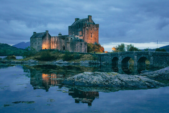 Eilean Donan Castle at dramatic twilight, Scottish Highlands