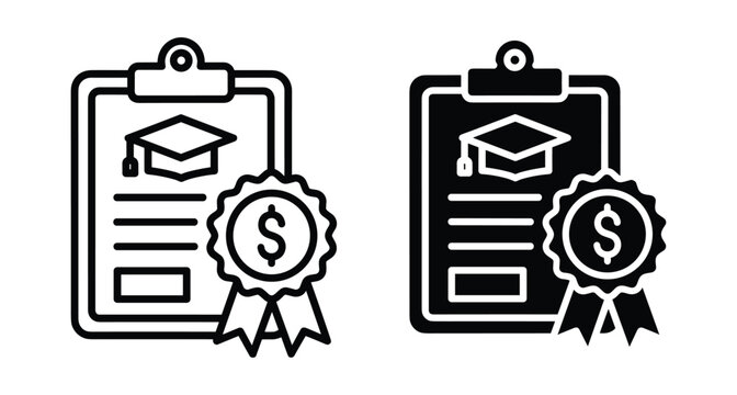 Scholarship icon set showing clipboard with graduation cap and dollar sign seal representing student loan grant and education funding costs for university tuition