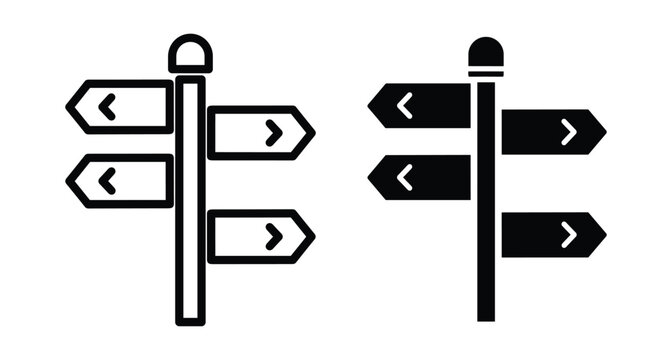 Directional signpost icon set with arrows pointing left and right for navigation wayfinding travel guidance and road information display