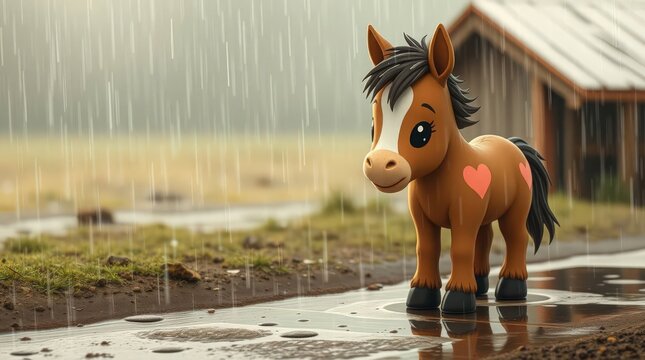 Small toy horse with heart on side standing in rain puddle