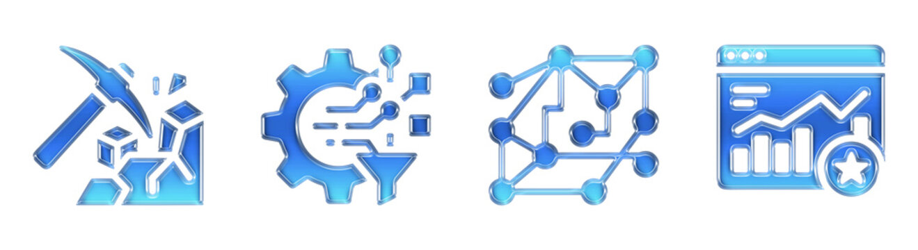 Data Mining Gear Network Statistics 3D Glossy Gradient Icons Set. Transparent PNG