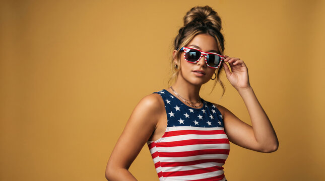 Stylish young woman wearing American flag tank top and sunglasses, confident summer fashion portrait celebrating patriotic USA spirit and modern Independence Day style