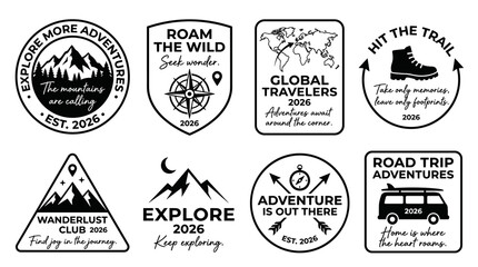Obraz premium Minimal monochrome adventure badge collection featuring hiking, road trips, mountain exploration and global travel themes, clean vector linework with modern outdoor branding aesthetics.