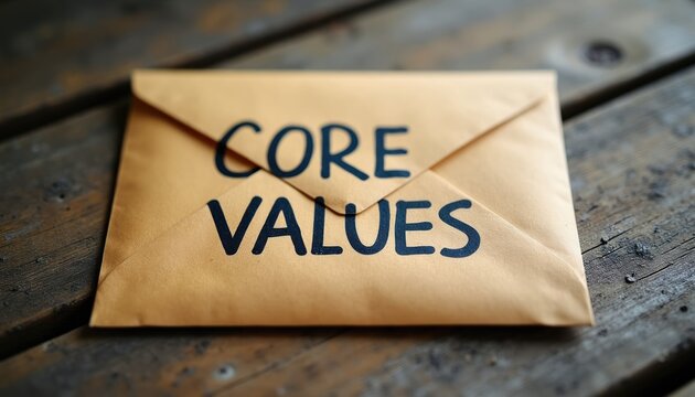 Brown envelope with handwritten CORE VALUES text rests on aged wooden planks. Represents principles guiding personal or business decisions and aspirations. Symbolizes ethics integrity and mission.