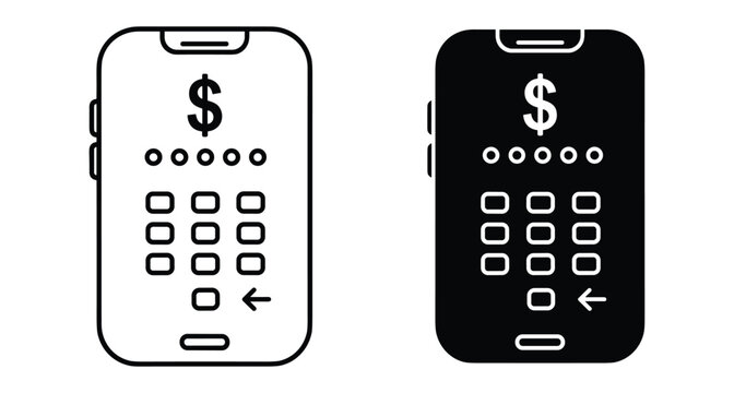 Smartphone mobile payment interface icon set with dollar symbol numeric keypad and secure pin code entry for digital banking services