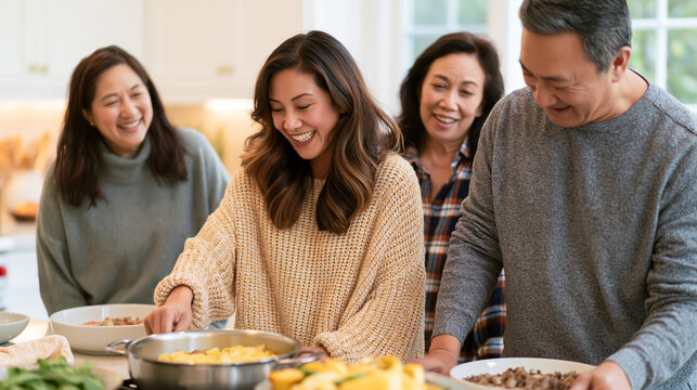 Happy Mature Asian Family Tossing Salad and Laughing Together at Kitchen Counter During Family Gathering