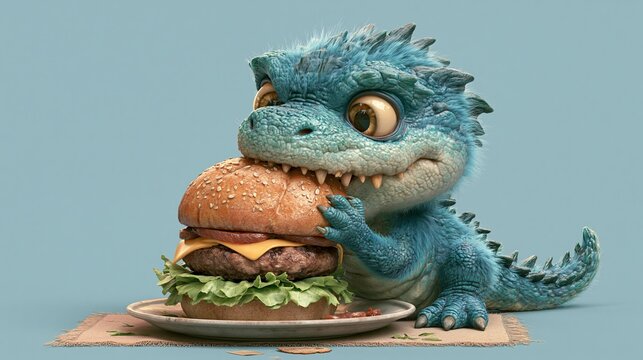 Furry reptile chomps burger, mascot.