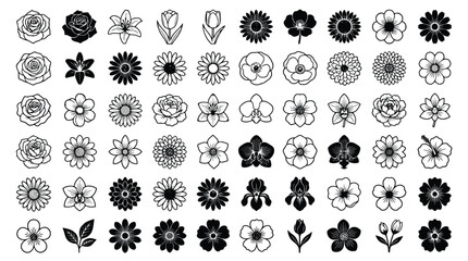 Fototapeta premium Minimalist Floral Line Art Icon Set with Various Flower Blooms and Leaves Vector for Wedding Invitations, Branding & Stationery (EPS)