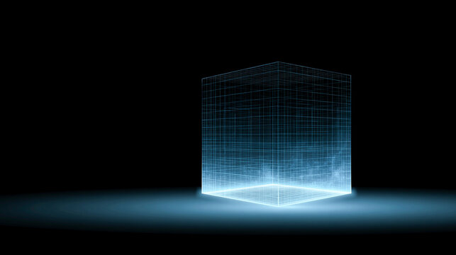 Glowing Blue Digital Wireframe Cube Object Suspended over Reflective Shiny Surface in Dark Virtual Reality Room