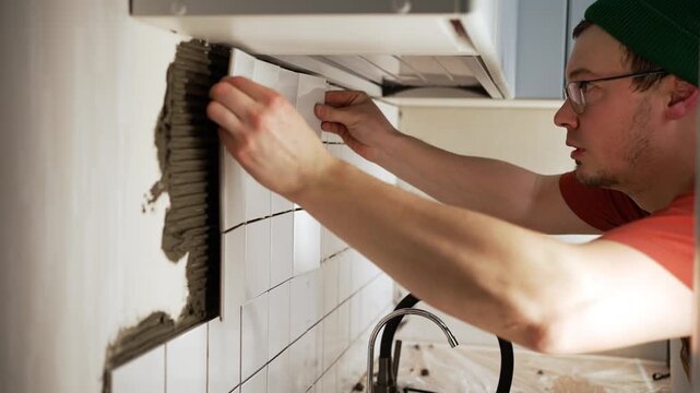 Concentrated male worker applying adhesive and installing new white ceramic tiles on a kitchen wall. Detailed view of a handyman carefully laying backsplash during a home renovation project