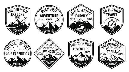Fototapeta premium Vintage Mountain Adventure Badge Collection with Wanderlust Travel Emblems, Outdoor Expedition Logos and Monochrome Retro Designs