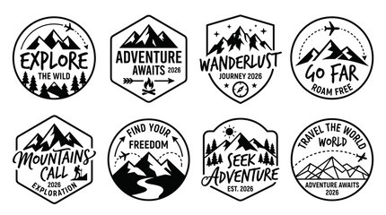 Obraz premium Vintage Adventure and Wanderlust Badge Collection - Mountain Explore, Travel Emblems and Outdoor Logos Vector Set