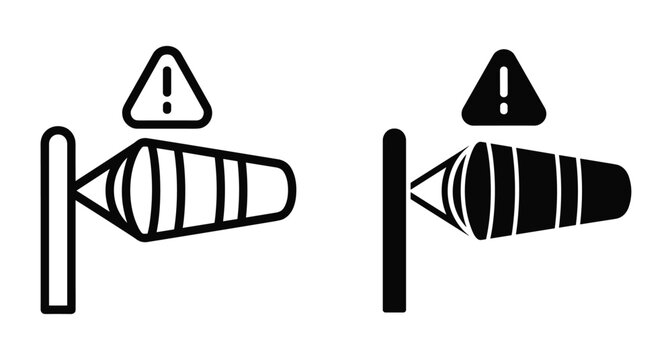 Windsock icon set with warning alert triangle symbol for weather forecast aviation safety wind speed direction measurement and storm notification