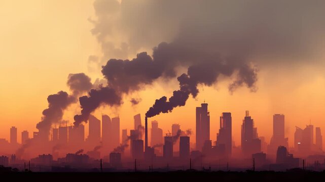 Industrial smokestacks billowing smoke over city skyline at sunset in hazy urban landscape
