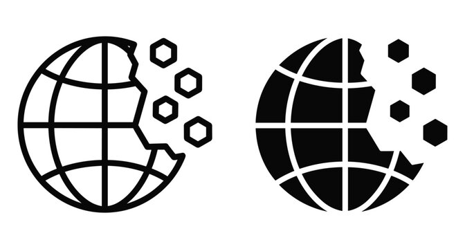 Globe icon with missing pieces and floating hexagons representing data loss digital fragmentation global connectivity network technology and broken world