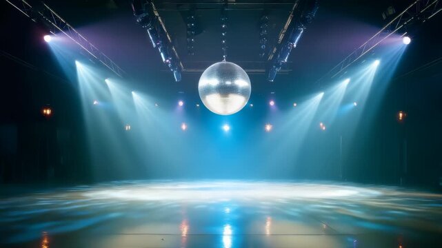 Disco ball spinning above illuminated empty dance floor inside nightclub stage interior with spotlight beams and reflective mirror sphere