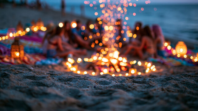 Blurred beach bonfire night gathering with sandy foreground warm lanterns ocean view and glowing fire bokeh for summer lifestyle background