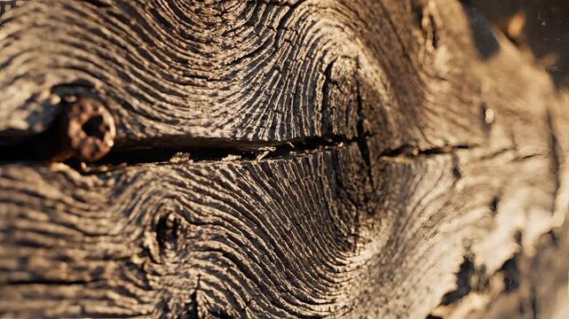 Closeup of weathered wood grain with a rusty nail detail.
