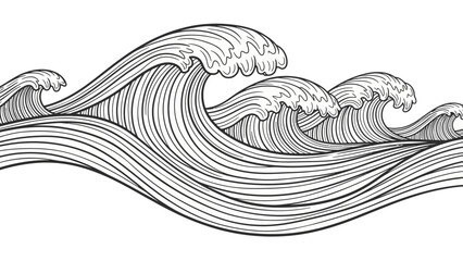 Majestic Ocean Waves: A striking black and white illustration captures the powerful, rhythmic motion of ocean waves rolling in, showcasing the raw beauty and dynamic force of the sea. © Oska