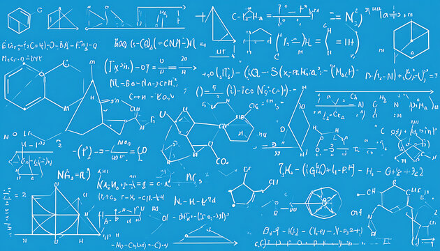 Blue background with white geometric shapes and mathematical formulas, education and science concept