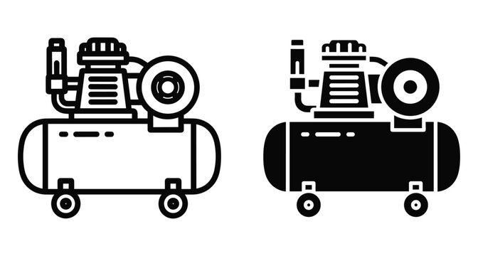 Air compressor icon set featuring portable pneumatic tank machine for industrial workshop garage repair service power tool equipment vector illustration