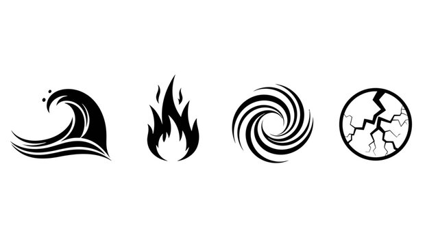 Four Elements Icons: A striking collection of four minimalist icons representing the fundamental elements: water wave, fire flame, swirling wind, and cracked earth.