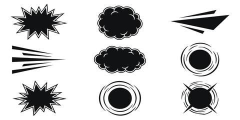 Set of black comic book explosion and speech bubble shapes for graphic design and motion comic action effects © GraphixEra