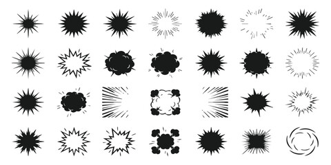 Set of black comic book style speech bubbles and explosion shapes for manga and graphic design elements © GraphixEra