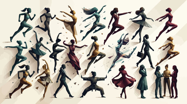 Diverse Female Silhouettes Dancing Running and Jumping Vector Illustration for Fitness Branding, Dance Studio Posters & Lifestyle Web Graphics (EPS)
