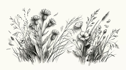 Wildflower Meadow Sketch with Thistle and Grass Vector Illustration for Botanical Branding, Floral Stationery & Nature Themed Graphic Design (EPS) © Insa Batool