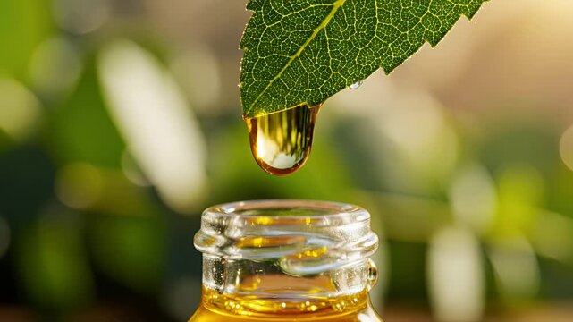 Essential Oil Dropping From Leaf Into Glass Bottle Macro Shot.