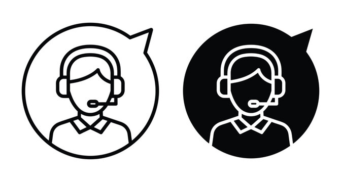 Customer service representative icon set featuring call center agent with headset inside speech bubble for support help desk communication assistance