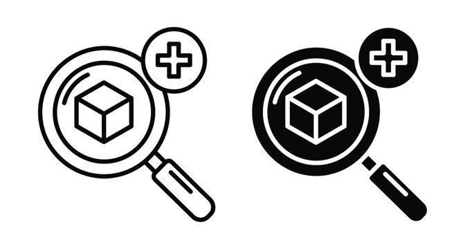 Magnifying glass icon with 3D cube and plus sign symbol for product search zoom and add to cart functionality web design interface elements