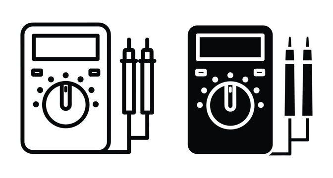 digital multimeter icon set showing electrical tester with probes for measuring voltage current resistance in outline and solid black style