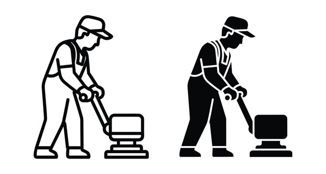 Worker using floor buffer machine for cleaning and polishing surfaces in industrial or commercial building maintenance service vector icon set
