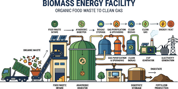 Biomass Energy Facility Infographic Showing Food Waste to Clean Gas