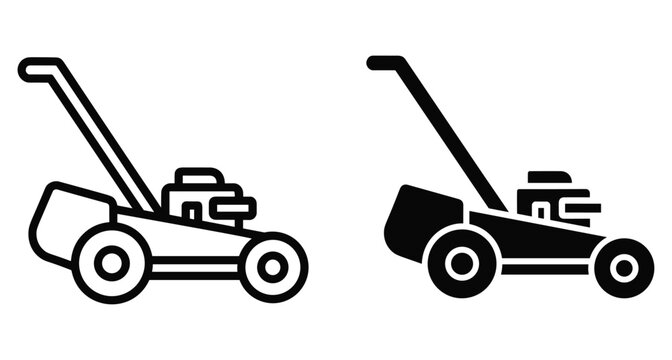 Lawn mower icon set featuring outline and solid black silhouettes for gardening landscaping yard maintenance equipment and grass cutting tools