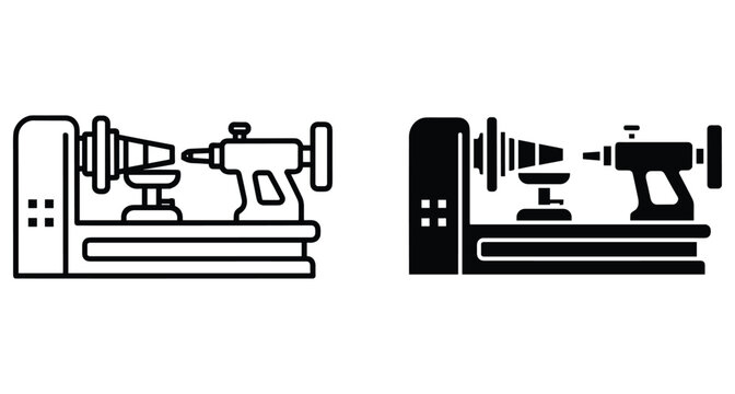 Industrial lathe machine icon set for metalworking and woodworking manufacturing processes showing turning equipment in outline and solid black styles