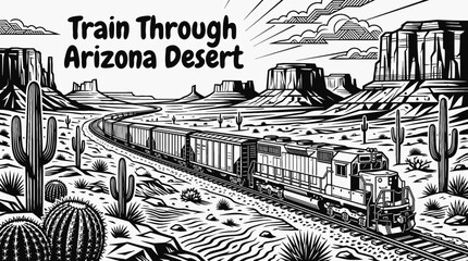 freight train crossing arizona desert railway black and white vector with dramatic canyon landscape american transportation © Ethan