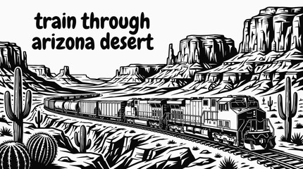 freight train crossing arizona desert railway black and white vector with dramatic canyon landscape american transportation © Ethan
