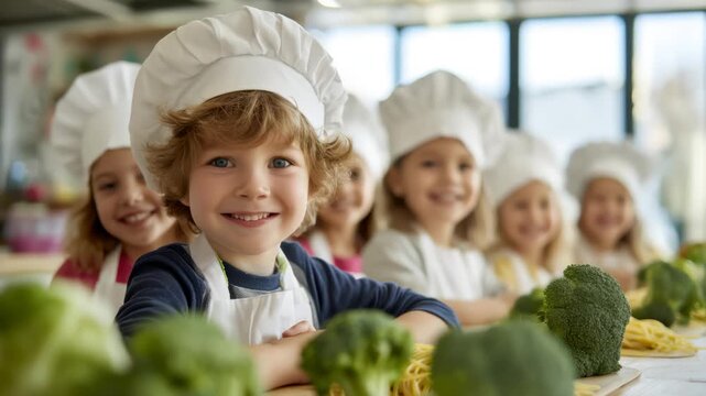 Children smiling and preparing vegetables in classroom kitchen at table with broccoli and pasta during daytime cooking lesson