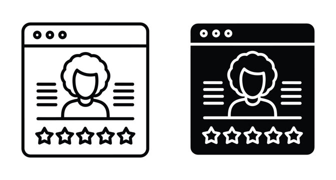 User profile review icon set showing person avatar with five star rating and text lines on web browser window interface
